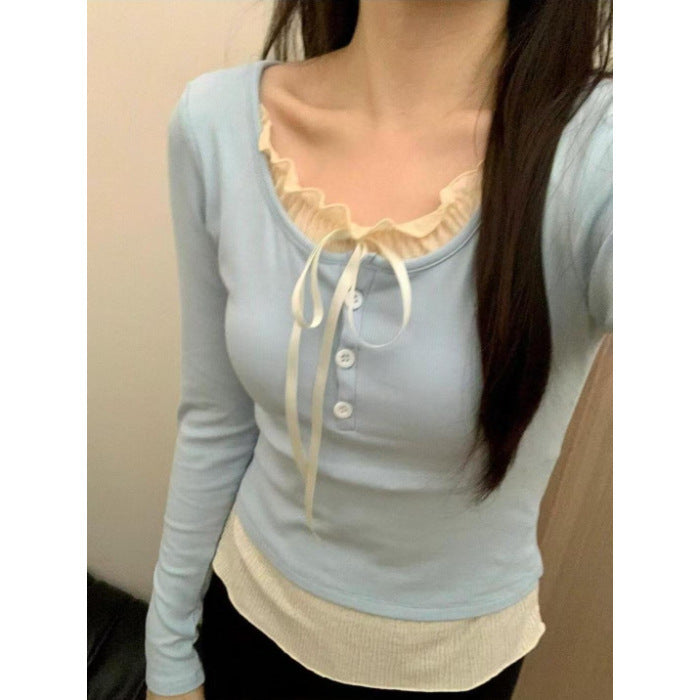 Lace inner match bottoming shirt in light blue with princess sleeves and ruffled neckline.