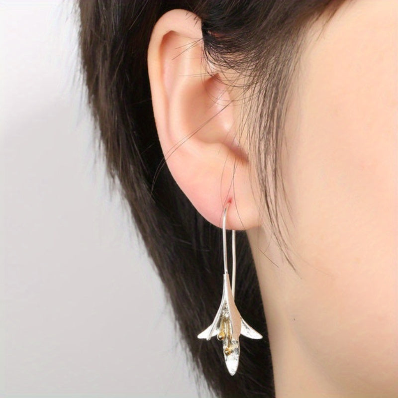 Female Fashion Vintage Blooming Flowers Two Tone Dangle Hanging Engagement Jewelry Earrings - Swefashionstore