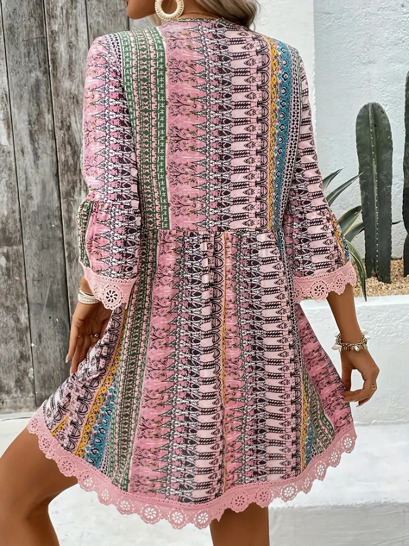 Bohemian Style V-neck Printed Casual Loose Dress - Swefashionstore