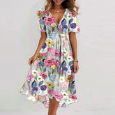 Flowers Printed V-neck Dress Summer A-line Short-sleeved Dresses For Women - Swefashionstore