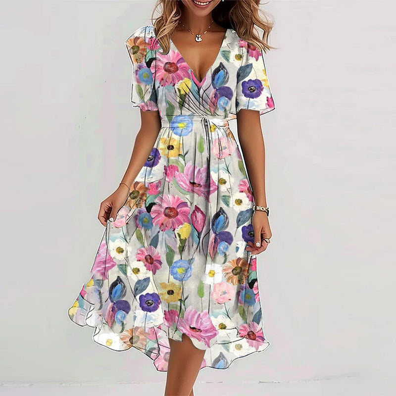 Flowers Printed V-neck Dress Summer A-line Short-sleeved Dresses For Women - Swefashionstore