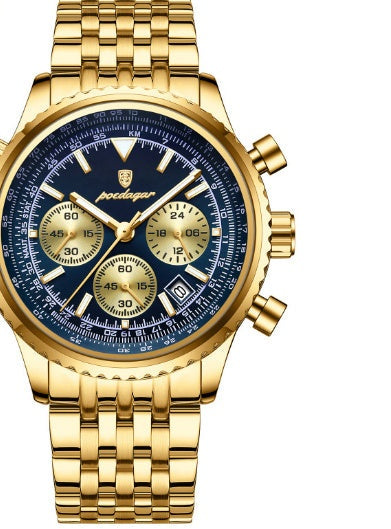 Men's waterproof multi-function watch with gold case and blue dial, featuring a stainless steel strap and mineral glass mirror.