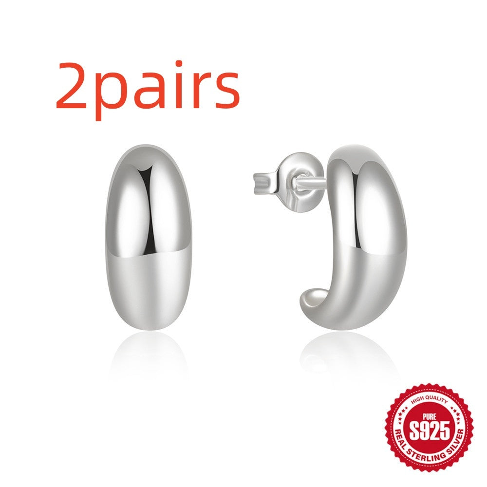 925 Sterling Silver C- Shaped Glossy Metal Earring Ringstud Earring - Swefashionstore
