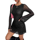 Elegant Black Mesh Sequins Backless Slim Fit Long Sleeve Dress - Swefashionstore
