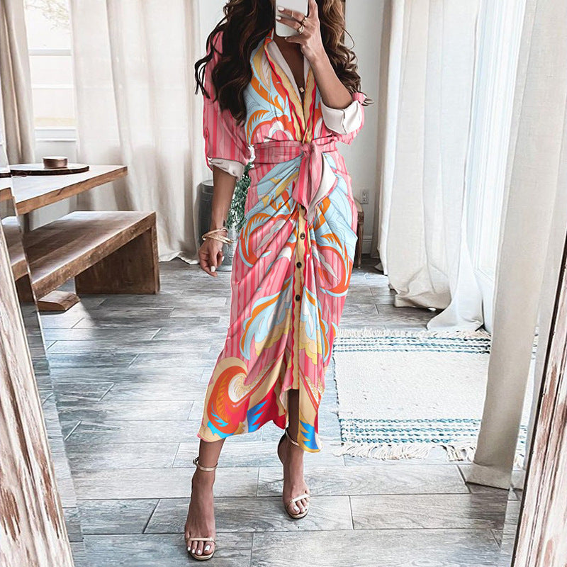 NEW European Print Long-Sleeved LACE-UP Single-Breasted SHIRT Dress