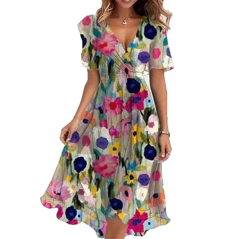 Flowers Printed V-neck Dress Summer A-line Short-sleeved Dresses For Women - Swefashionstore