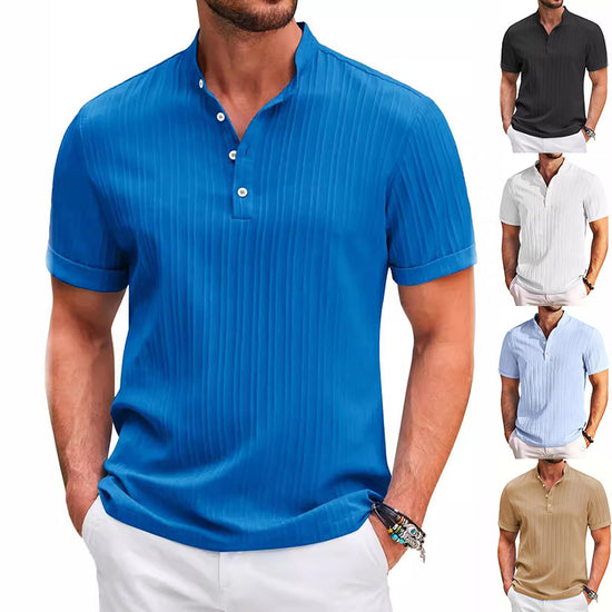 Summer Stand Collar Buttons Short Sleeve T-shirt Solid Color Stripe POLO Shirt Fashion Casual Beach Clothing For Men - Swefashionstore