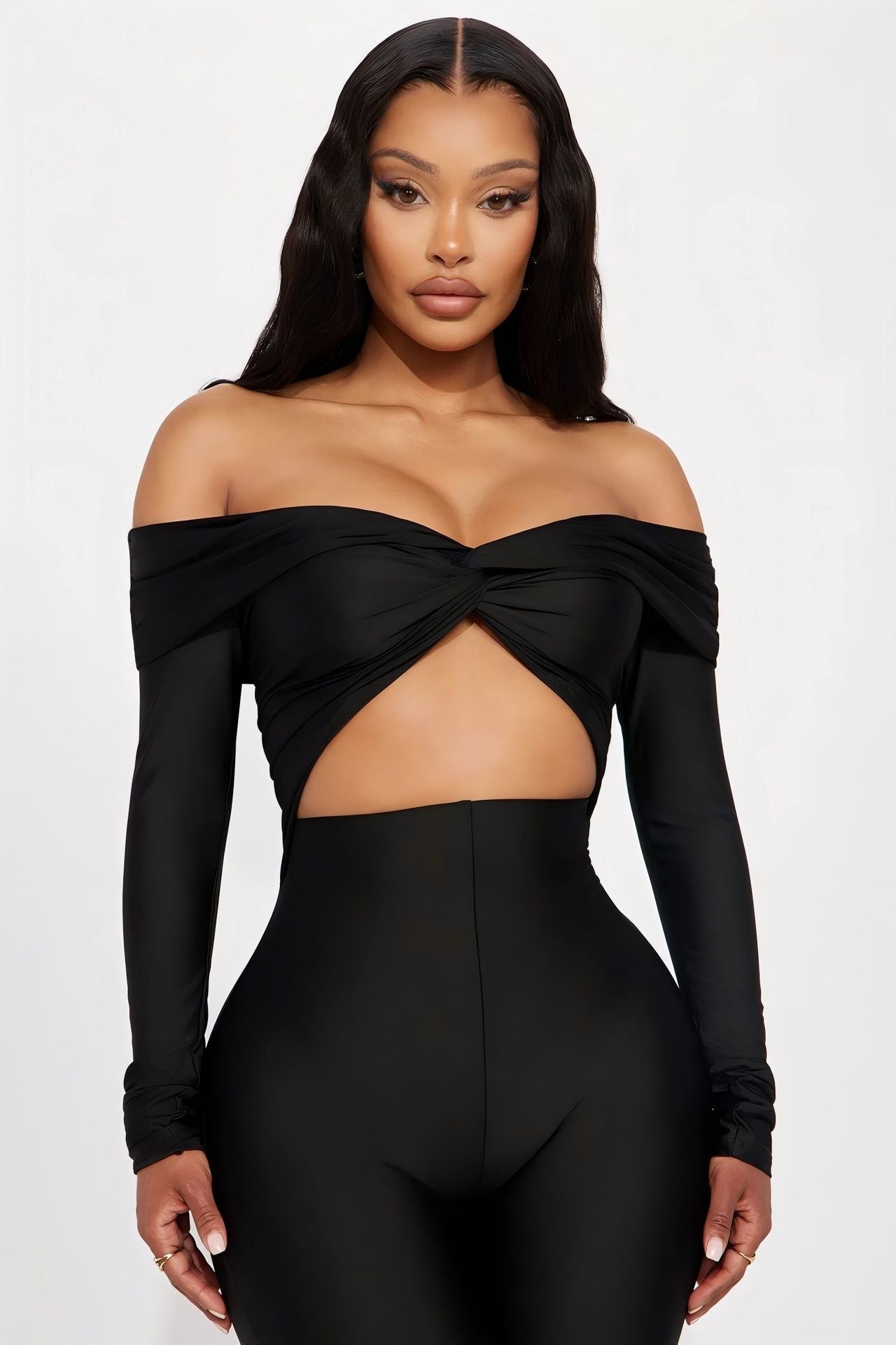 Women's V-neck long sleeve high waist black jumpsuit