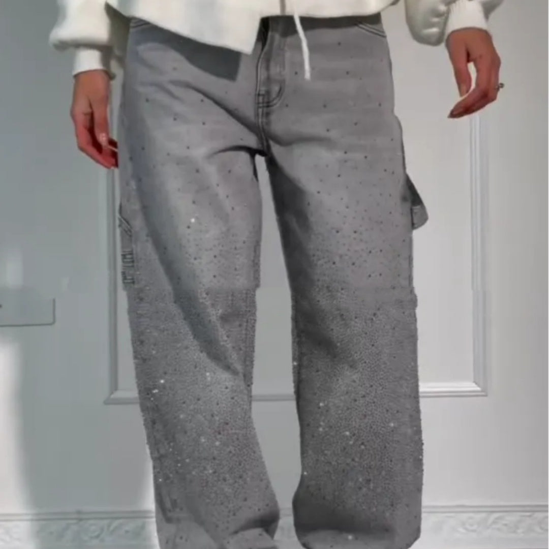 Ins Shiny Straight High-Waist Jeans mit Taschen Street-Style-Hose