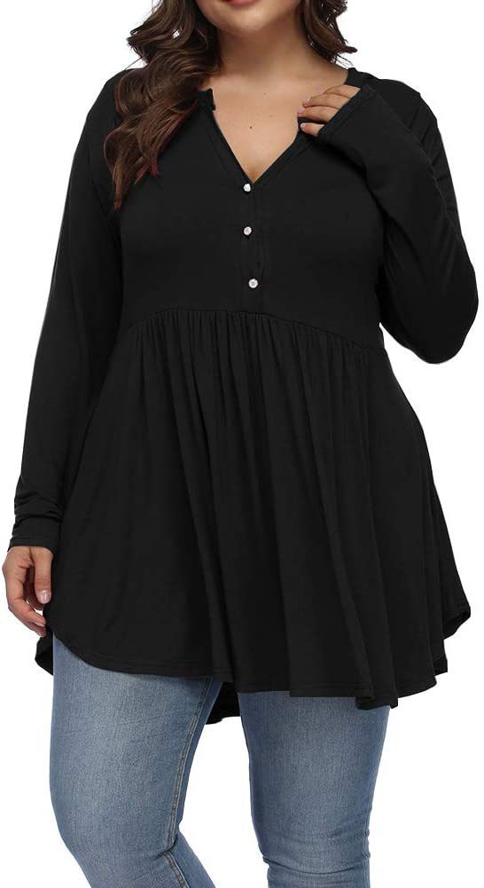 FASION V-neck Buttons Pleated Long Sleeve Plus Size T-shirt - Swefashionstore