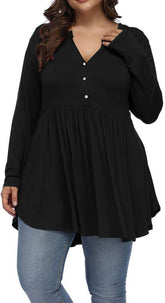 FASION V-neck Buttons Pleated Long Sleeve Plus Size T-shirt - Swefashionstore