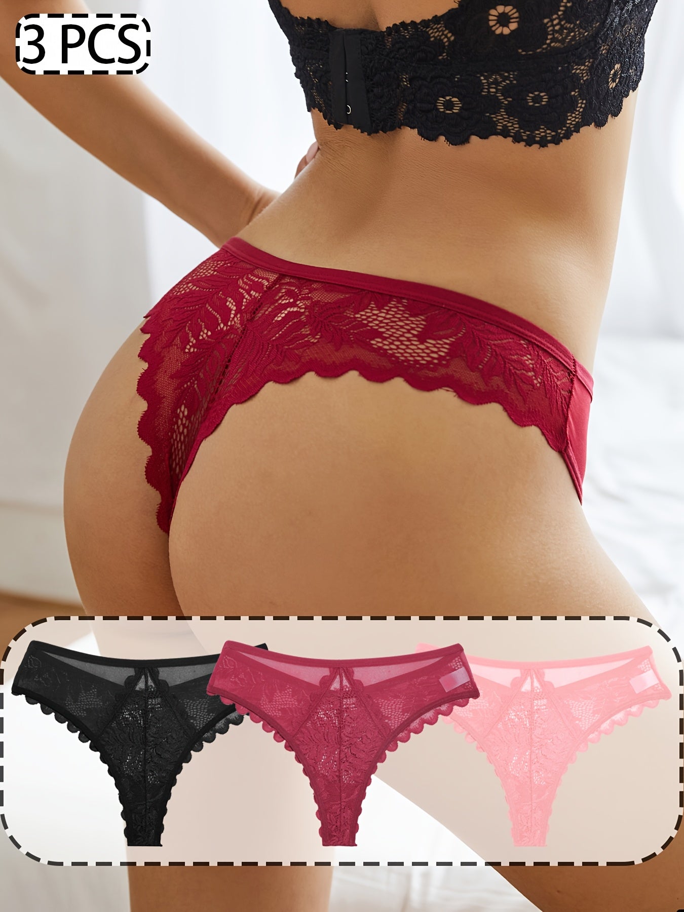 3 Pcs Breathable Sexy Lacy Trim Briefs, Semi-Sheer Thong Women&