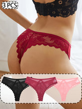 3 Pcs Breathable Sexy Lacy Trim Briefs, Semi-Sheer Thong Women&