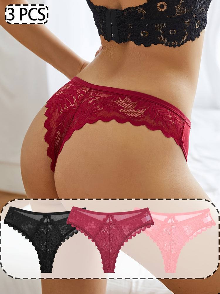 3 Pcs Breathable Sexy Lacy Trim Briefs, Semi-Sheer Thong Women&