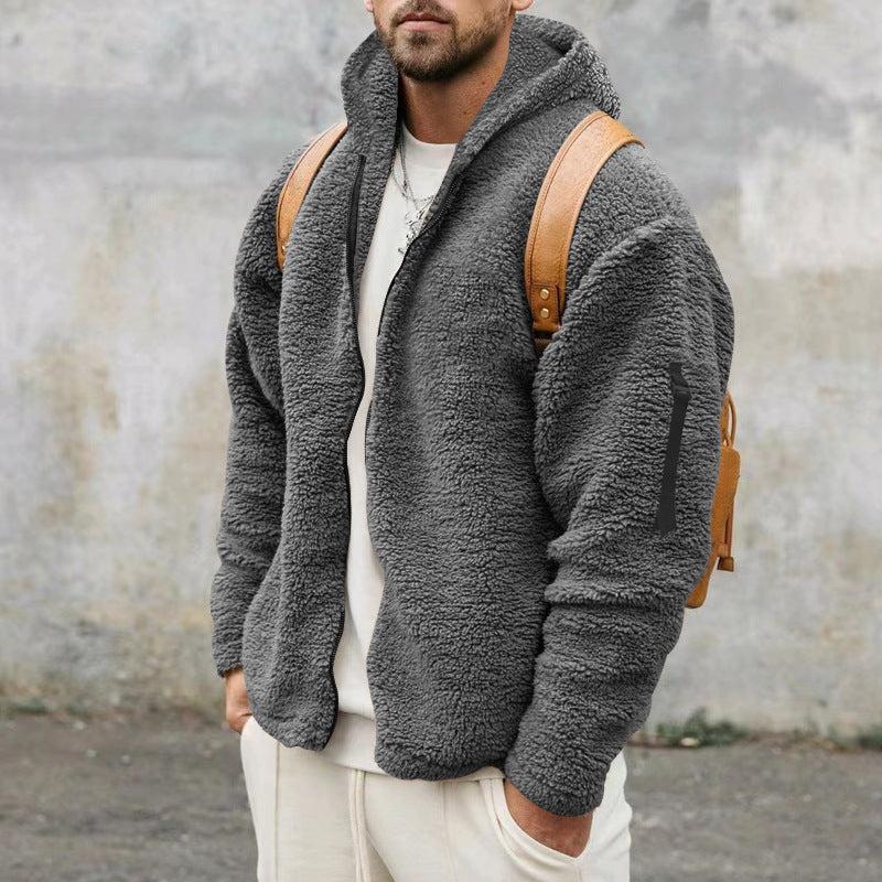 Plush Hooded Jacket Men's Autumn And Winter Fleece Warm Coat