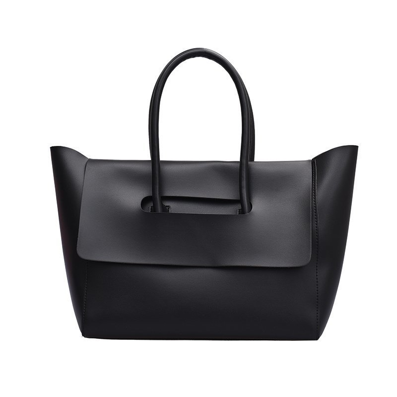 Large capacity black shoulder bag with unique design and PU material.