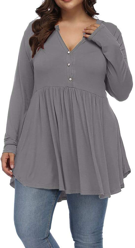 FASION V-neck Buttons Pleated Long Sleeve Plus Size T-shirt - Swefashionstore