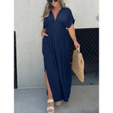 Fashion Bat-sleeved V-neck Slit Dress Summer Short Sleeve Elastic Waist Long Dresses Womens Clothing - Swefashionstore