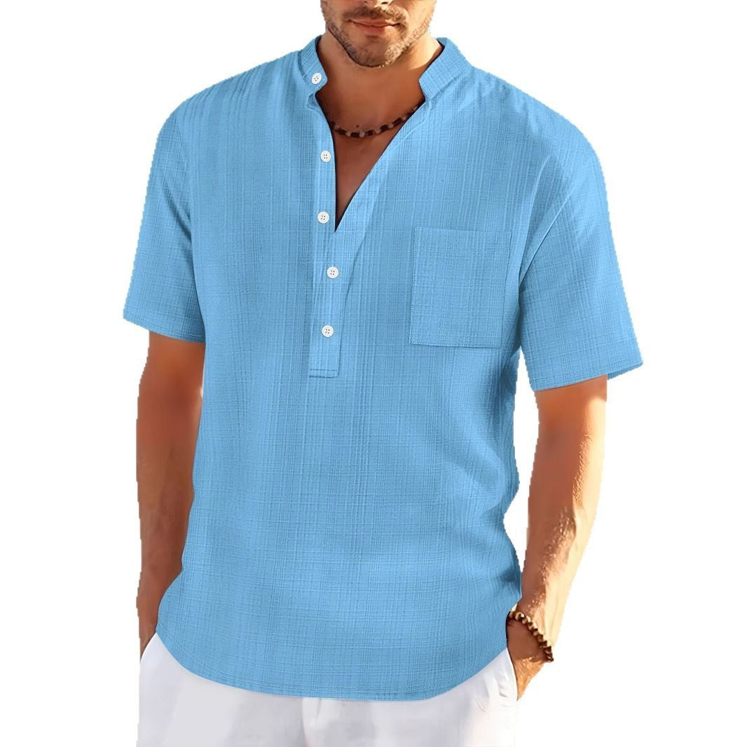 Stand Collar Short Sleeve Henley Shirt - Swefashionstore