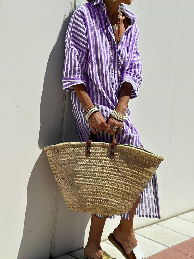 Striped Shirt Dress With Belt Fashion Half-sleeved For Women - Swefashionstore