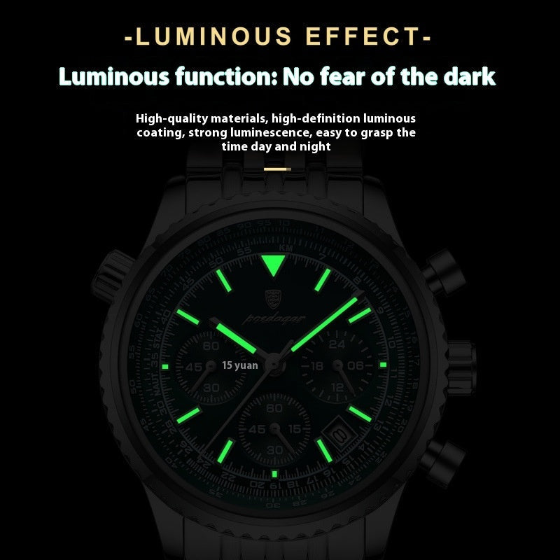 Men's waterproof multi-function watch with luminous features, round dial, and stainless steel strap.