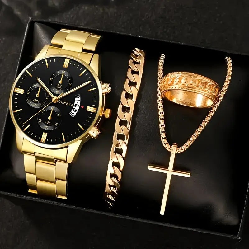 Men's Temperament Business Watch with gold bracelet, necklace, and ring in a sleek box.
