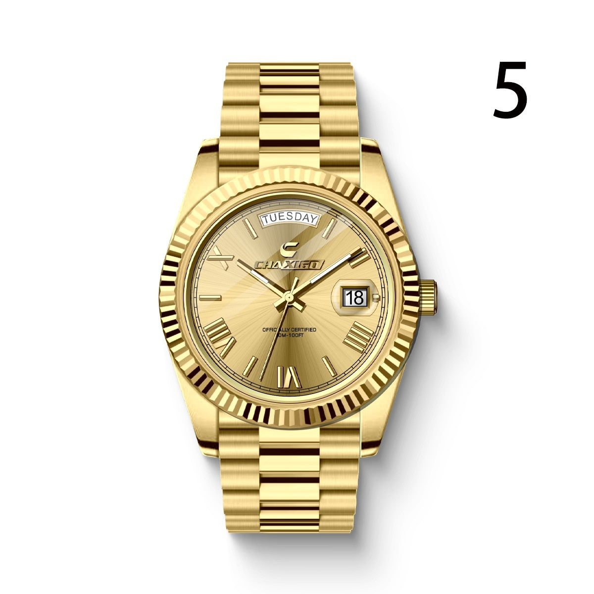 Men's gold stainless steel Quartz wrist watch with round dial and date display.