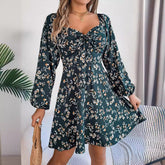 Fashion Floral Print Lantern Sleeve Dress - Swefashionstore