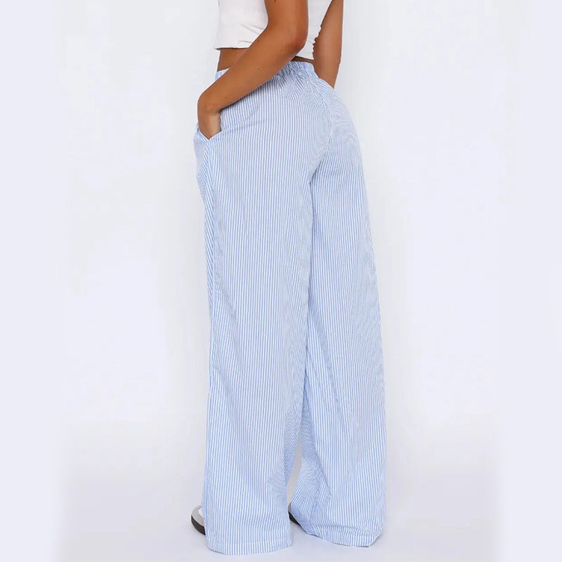Striped trousers with pockets, high-waisted loose fit, in light blue.