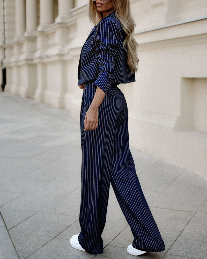 Fashion Striped Suits for Women - Casual Lapel Long Sleeve Cropped Top and Straight Pants Outfits - Swefashionstore