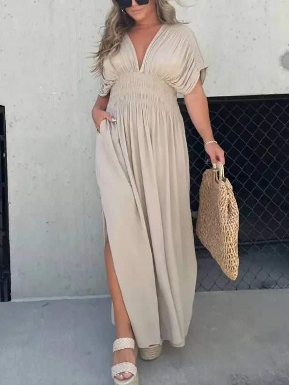 Fashion Bat-sleeved V-neck Slit Dress Summer Short Sleeve Elastic Waist Long Dresses Womens Clothing - Swefashionstore
