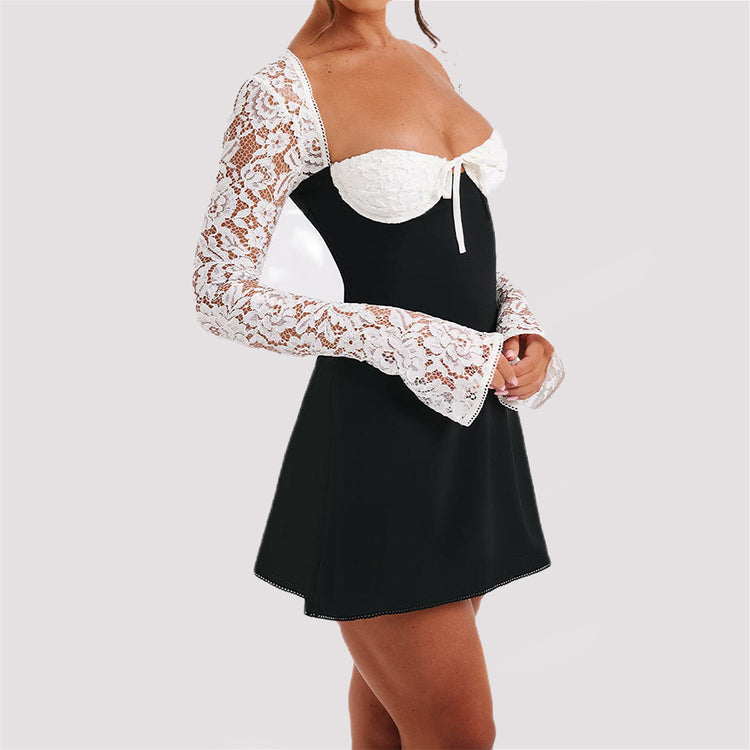 Y2K Lace Long Sleeve Dress Fashion Sexy Corset Backless Lace Up Short Dresses Womens Clothing - Swefashionstore