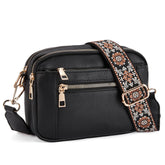Triple-zipper Shoulder Bag With Floral Embroidered Straps - Swefashionstore