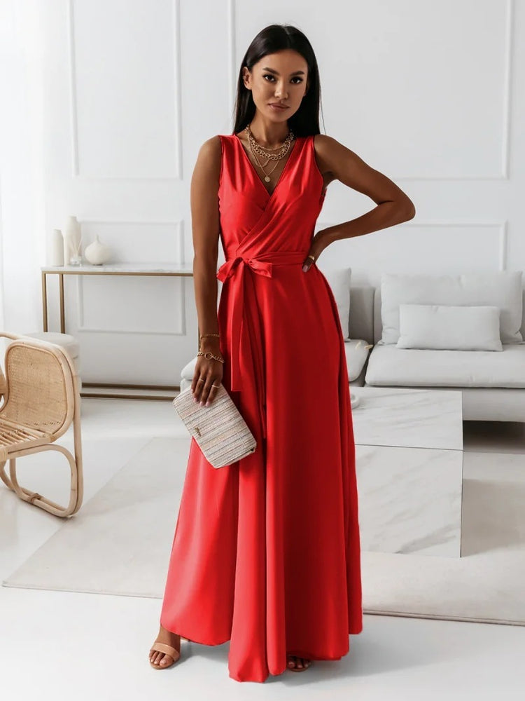 V-neck Sleeveless Dress With Belt Summer Fashion Party Club Evening Maxi Dresses For Women Clothing - Swefashionstore