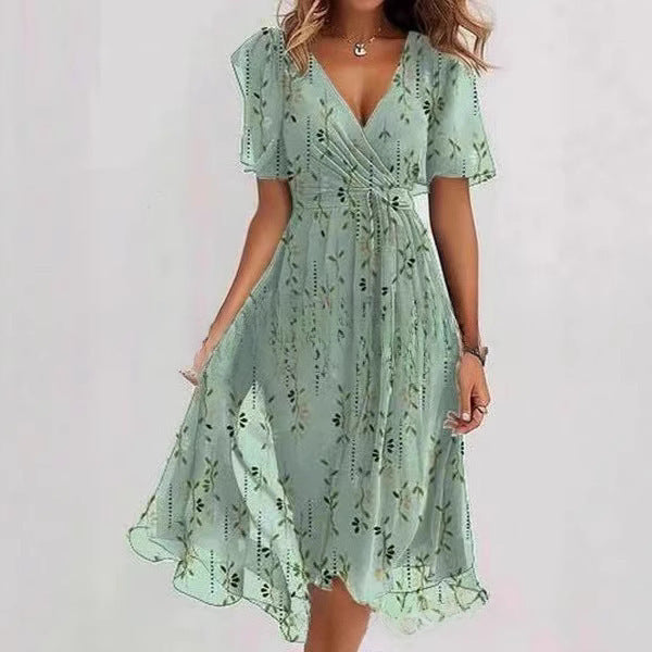 Flowers Printed V-neck Dress Summer A-line Short-sleeved Dresses For Women - Swefashionstore