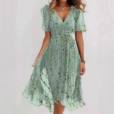Flowers Printed V-neck Dress Summer A-line Short-sleeved Dresses For Women - Swefashionstore