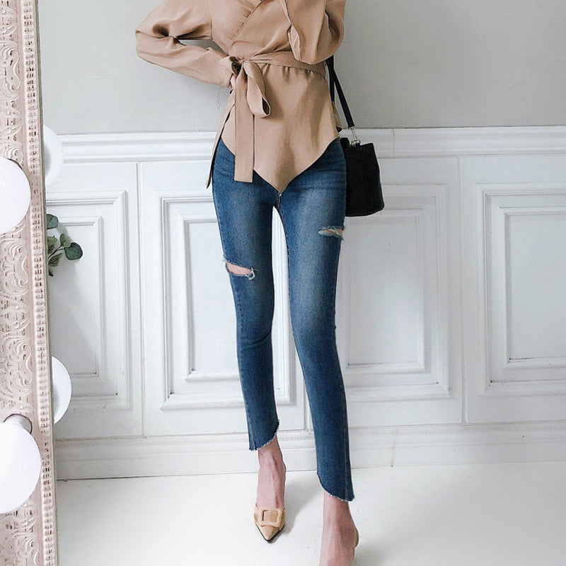 Temperament Ripped Trousers Pencil Skinny Low-Waist Jeans - Swefashionstore