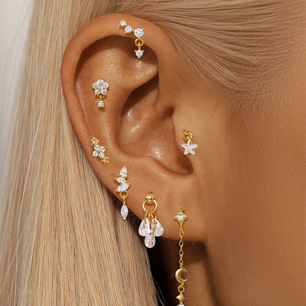 S925 Sterling Silver Moon Diamond Embedded Star Ear Rings - Swefashionstore