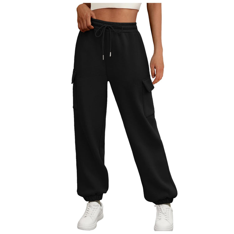 Casual Side Pocket Elastic Waist Solid Color Straight-leg Pants - Swefashionstore