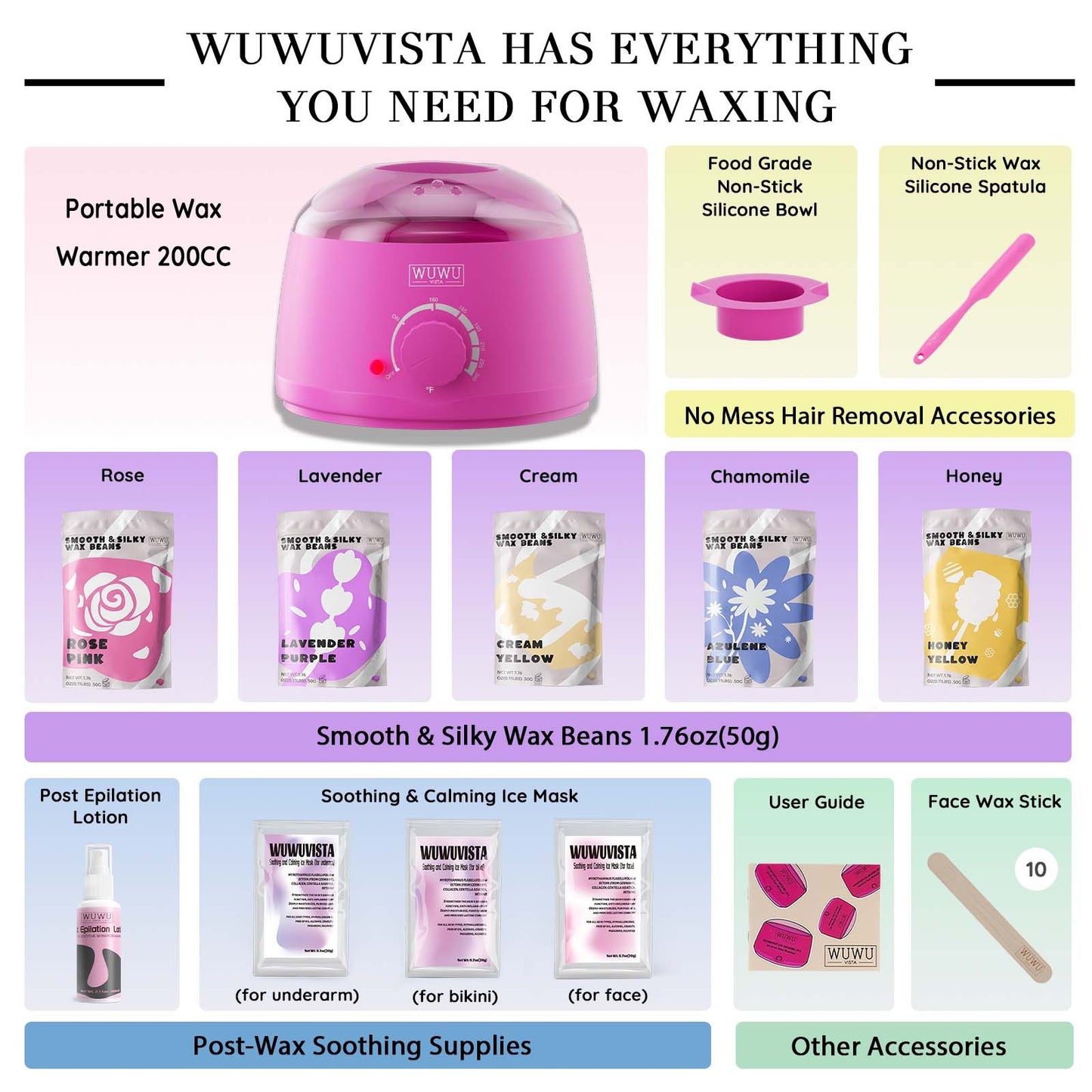 Waxing Kit WUWUVISTA 23 Items Hair Removal With Wax Warmer