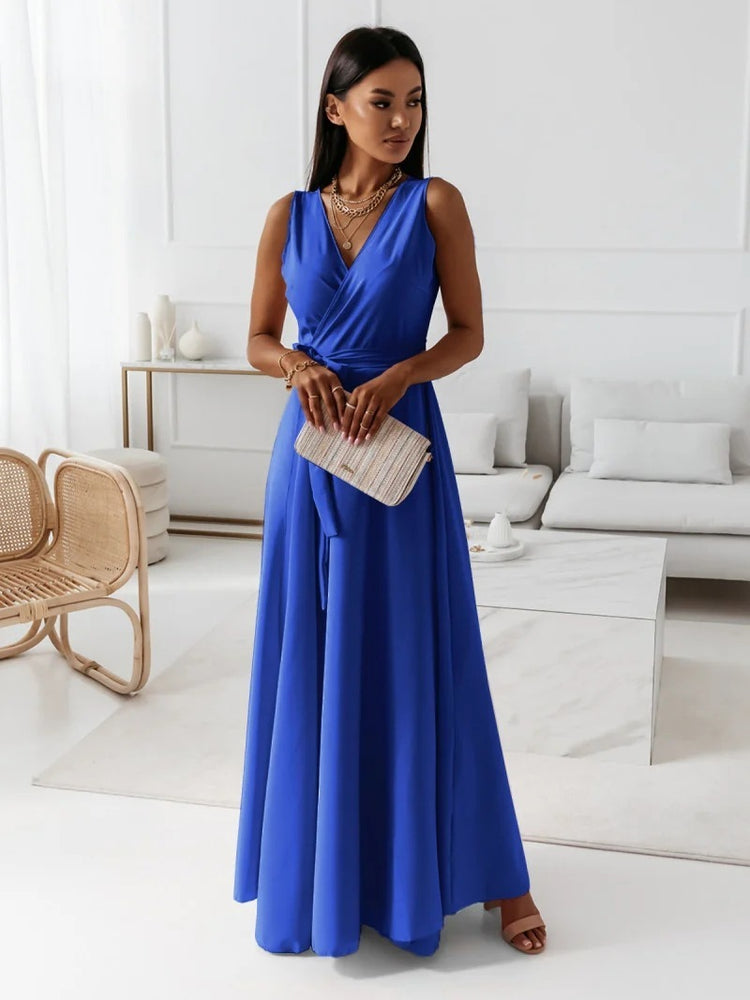 V-neck Sleeveless Dress With Belt Summer Fashion Party Club Evening Maxi Dresses For Women Clothing - Swefashionstore