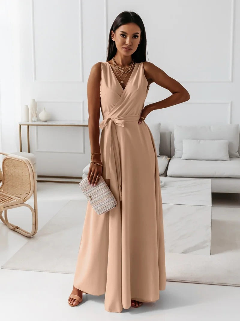 V-neck Sleeveless Dress With Belt Summer Fashion Party Club Evening Maxi Dresses For Women Clothing - Swefashionstore