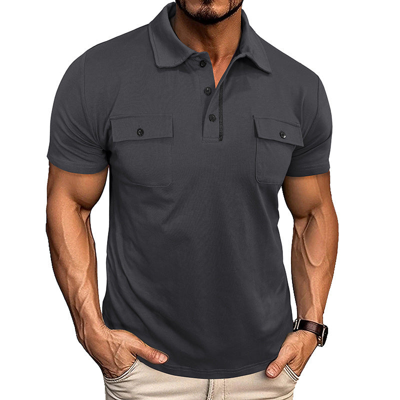 Outdoor fashion polo shirt with pockets, short sleeves, and button details.