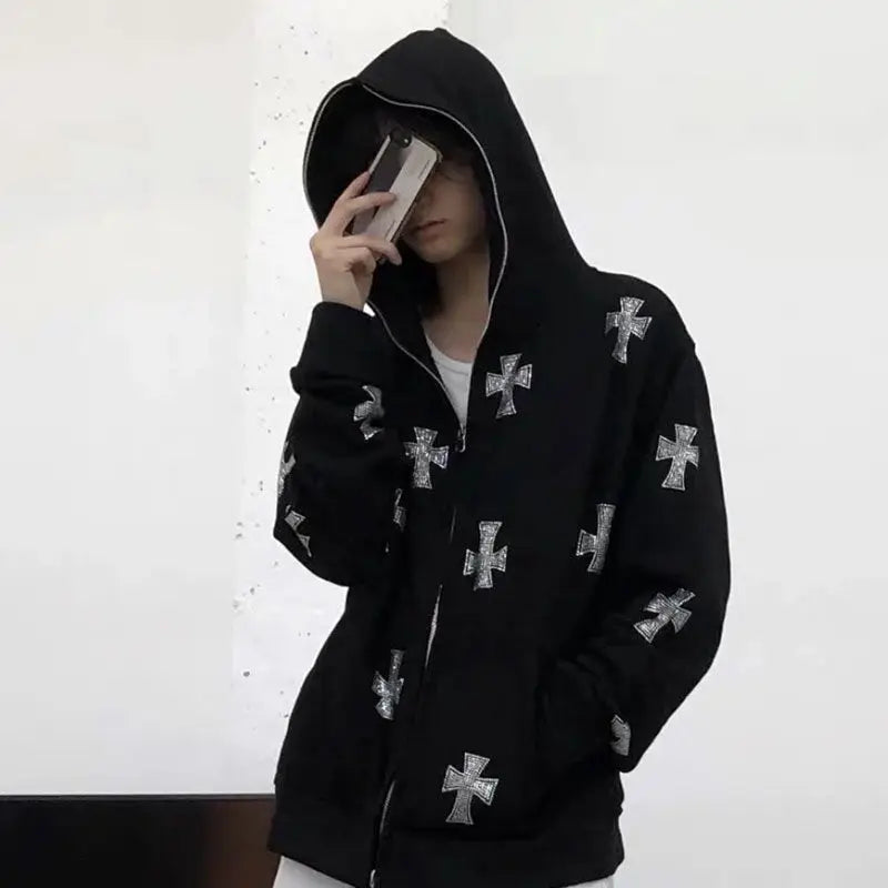 Zzsykd Strass-Kapuzenpullover mit durchgehendem Reißverschluss, Skelett-Gothic-Sweatshirt