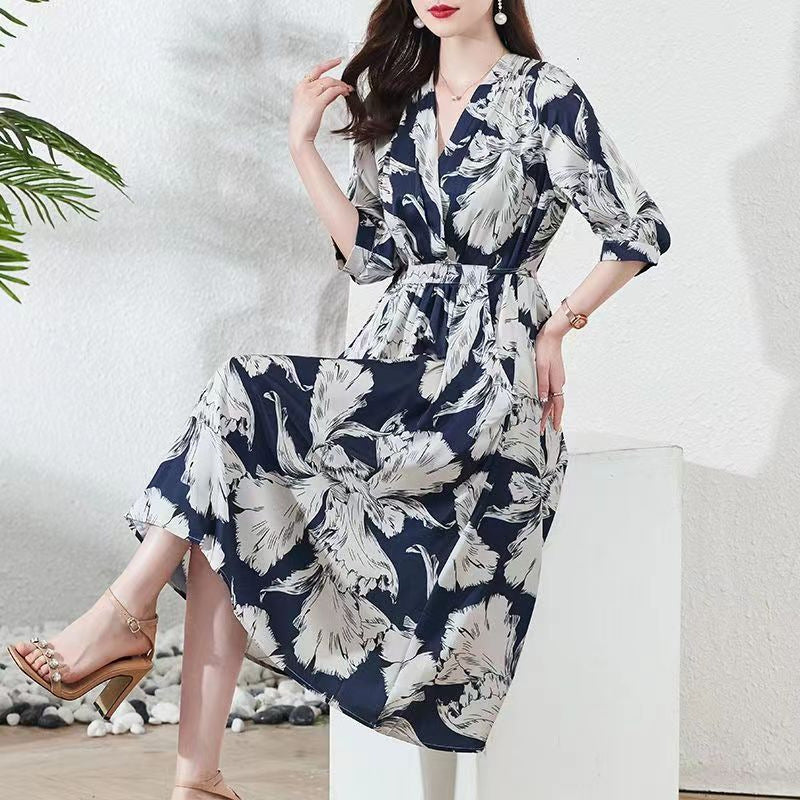 NEW Waist-controlled Lace-up 34 Sleeve V-neck Printed Skirt