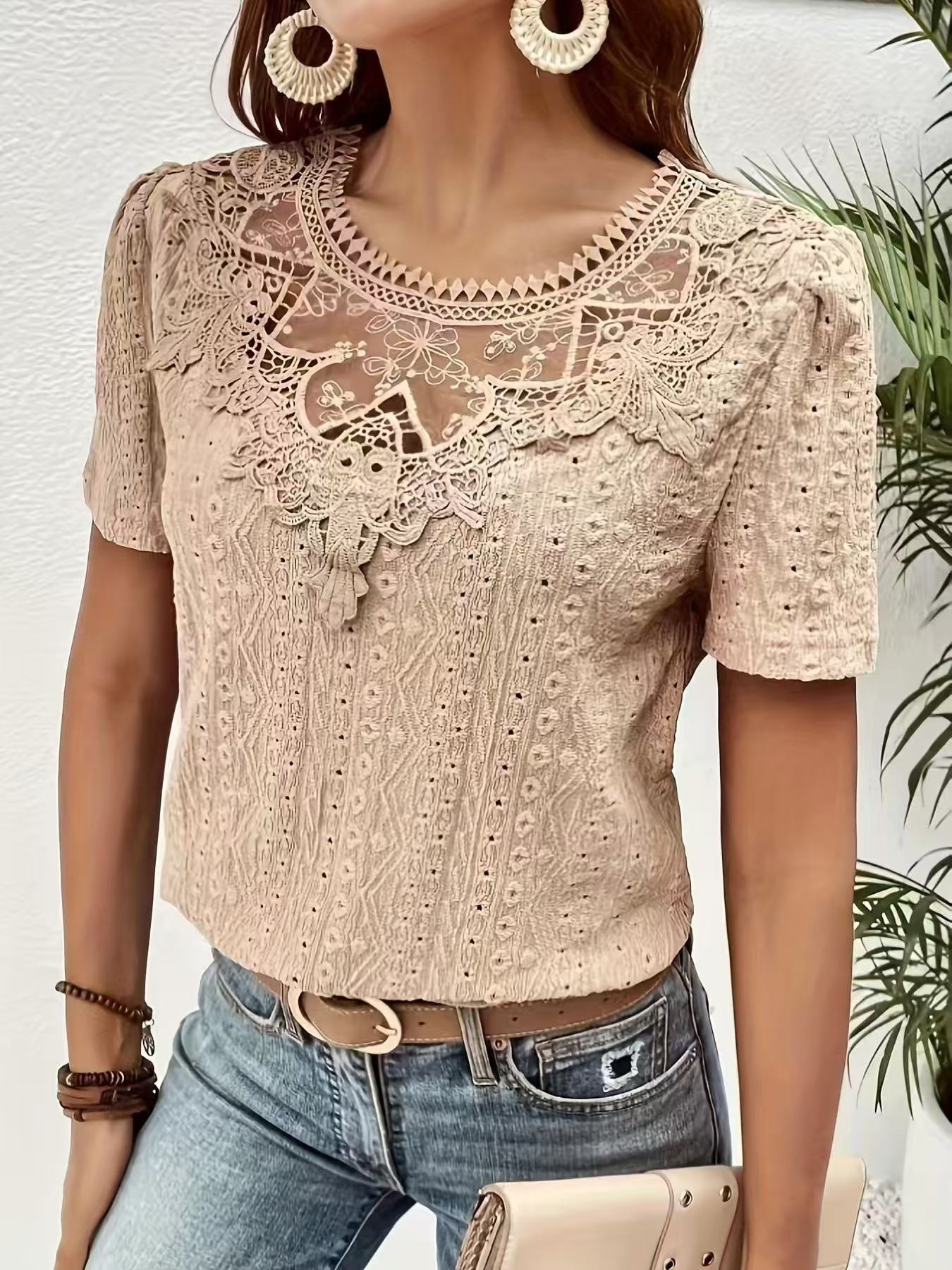 Women's Hollow Round Neck Lace Short Sleeve