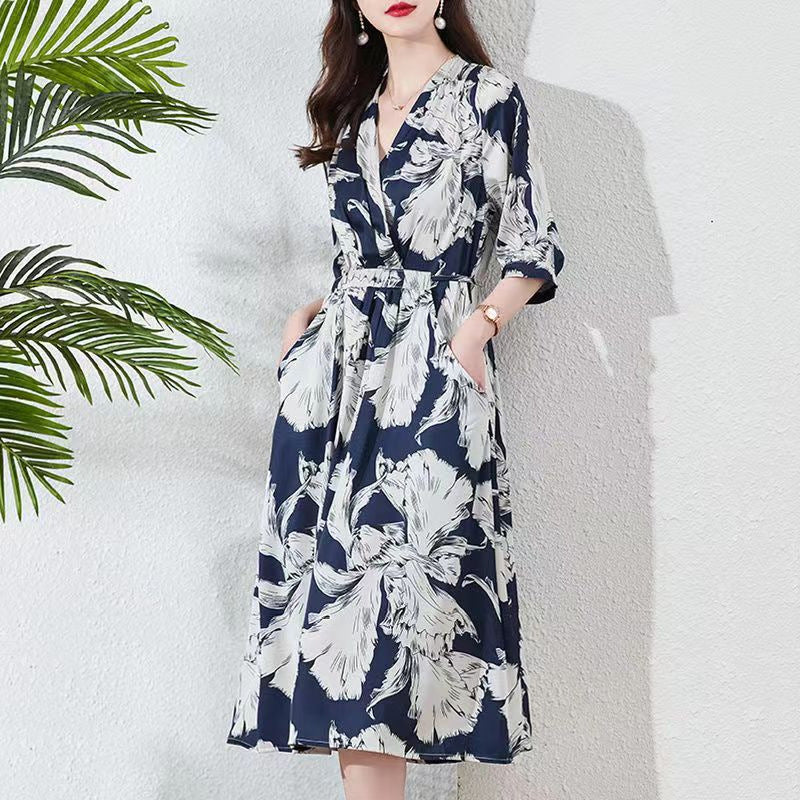 NEW Waist-controlled Lace-up 34 Sleeve V-neck Printed Skirt - Swefashionstore