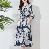 NEW Waist-controlled Lace-up 34 Sleeve V-neck Printed Skirt - Swefashionstore