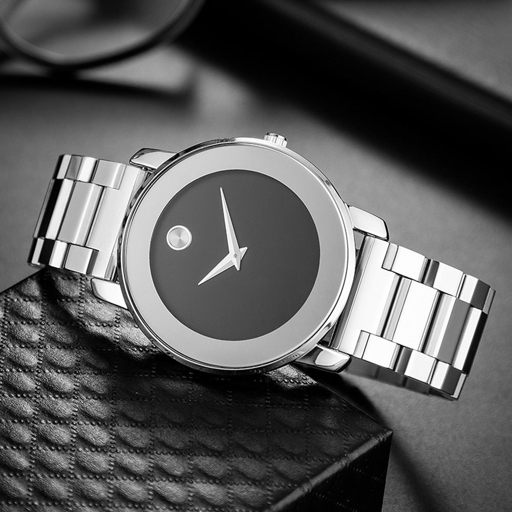 Ultra-thin men's business stainless steel watch with quartz on a black textured surface.