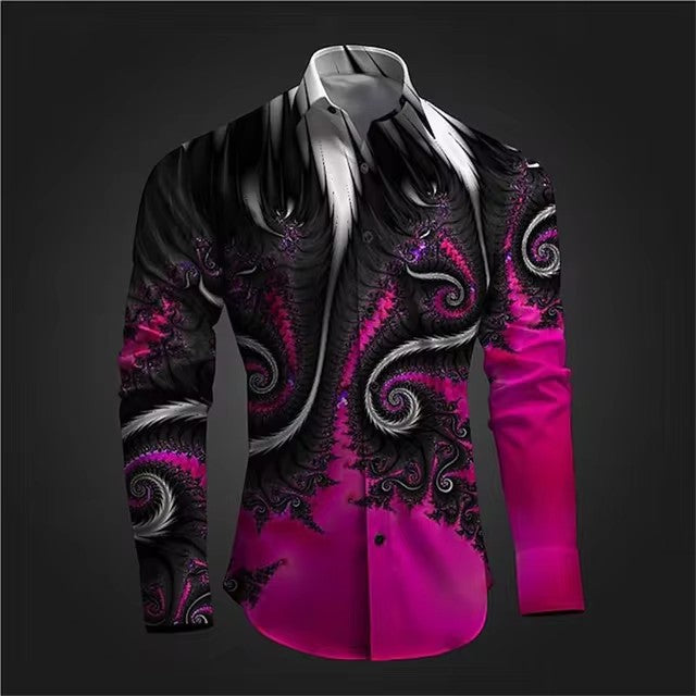 Fashion Casual Vintage Long Sleeve Shirt with black and pink swirl pattern.